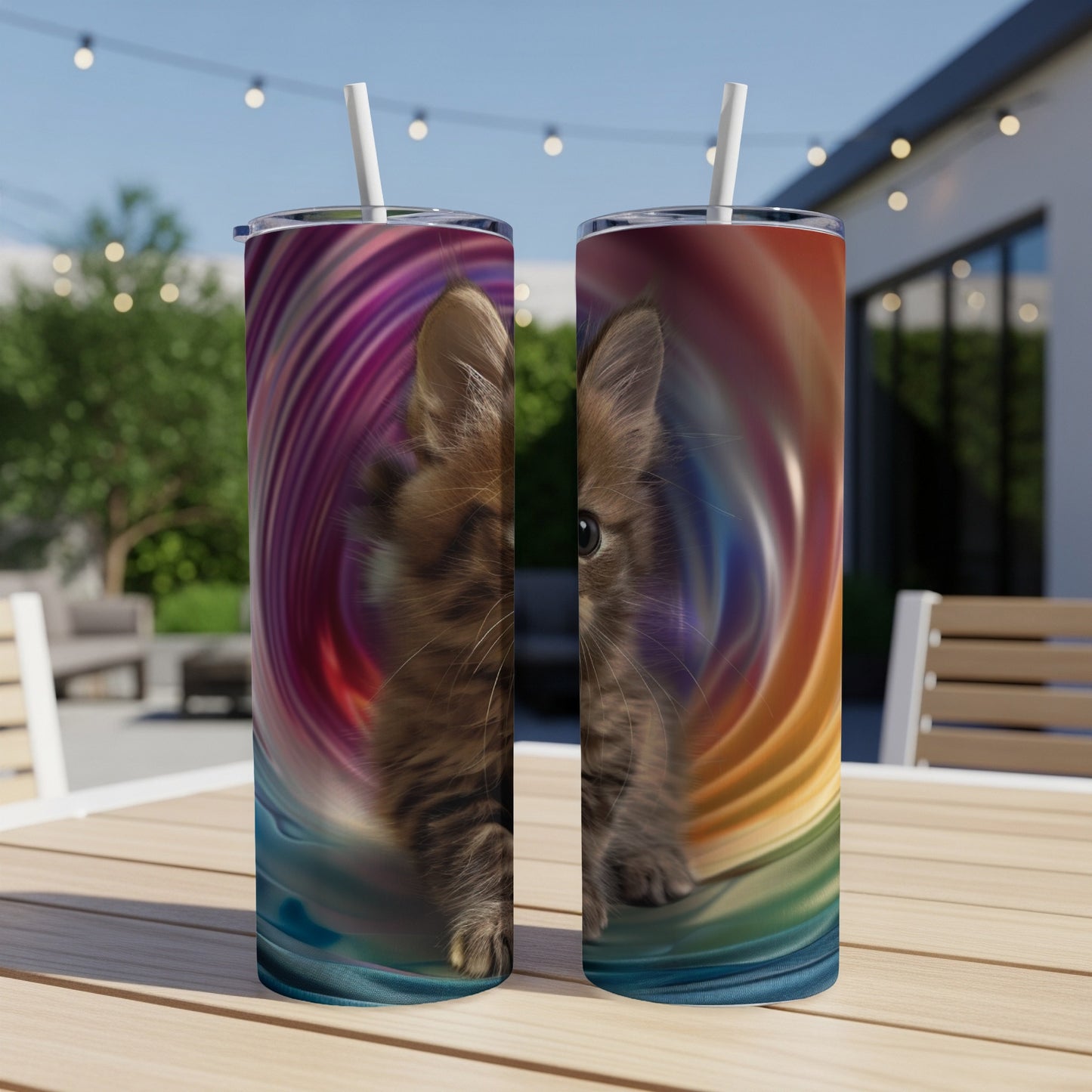 Brown kitten peeking from behind a colorful swirl on two tumblers.