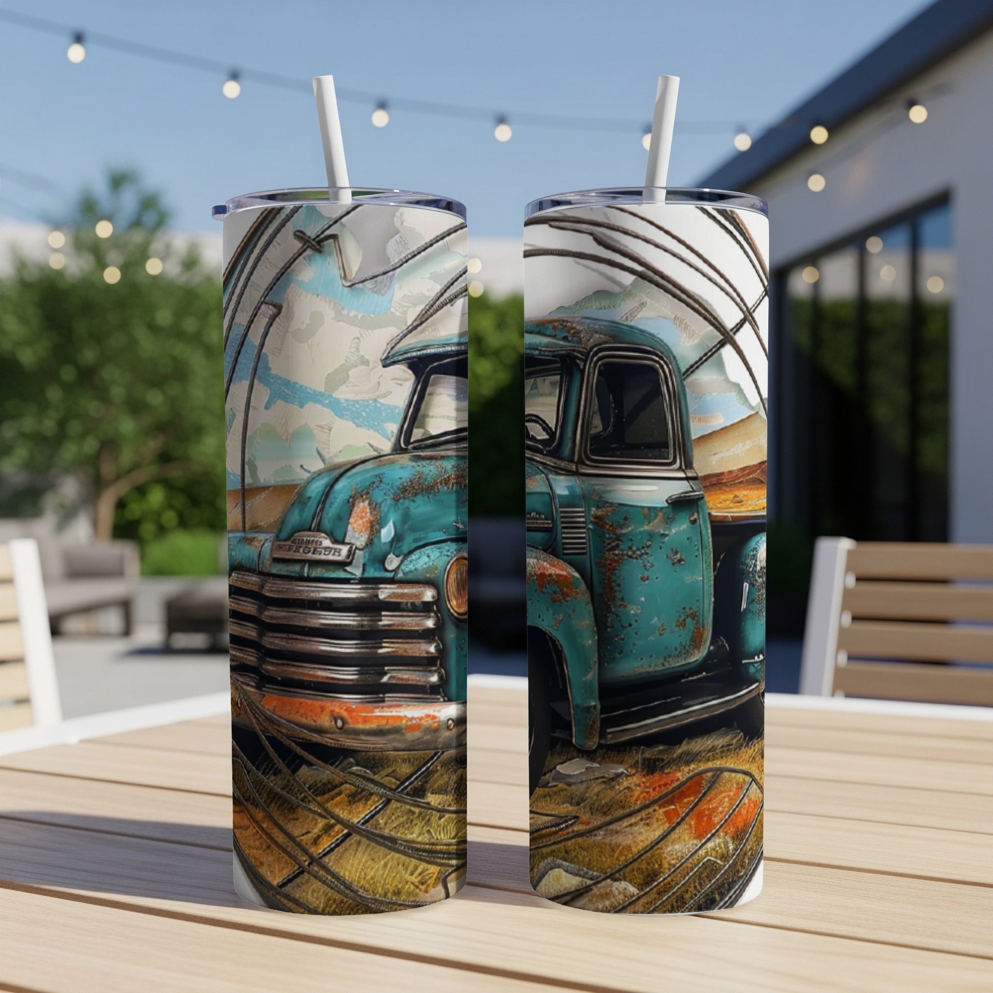 Turquoise vintage truck on a rustic background, illustrated on two tumblers.