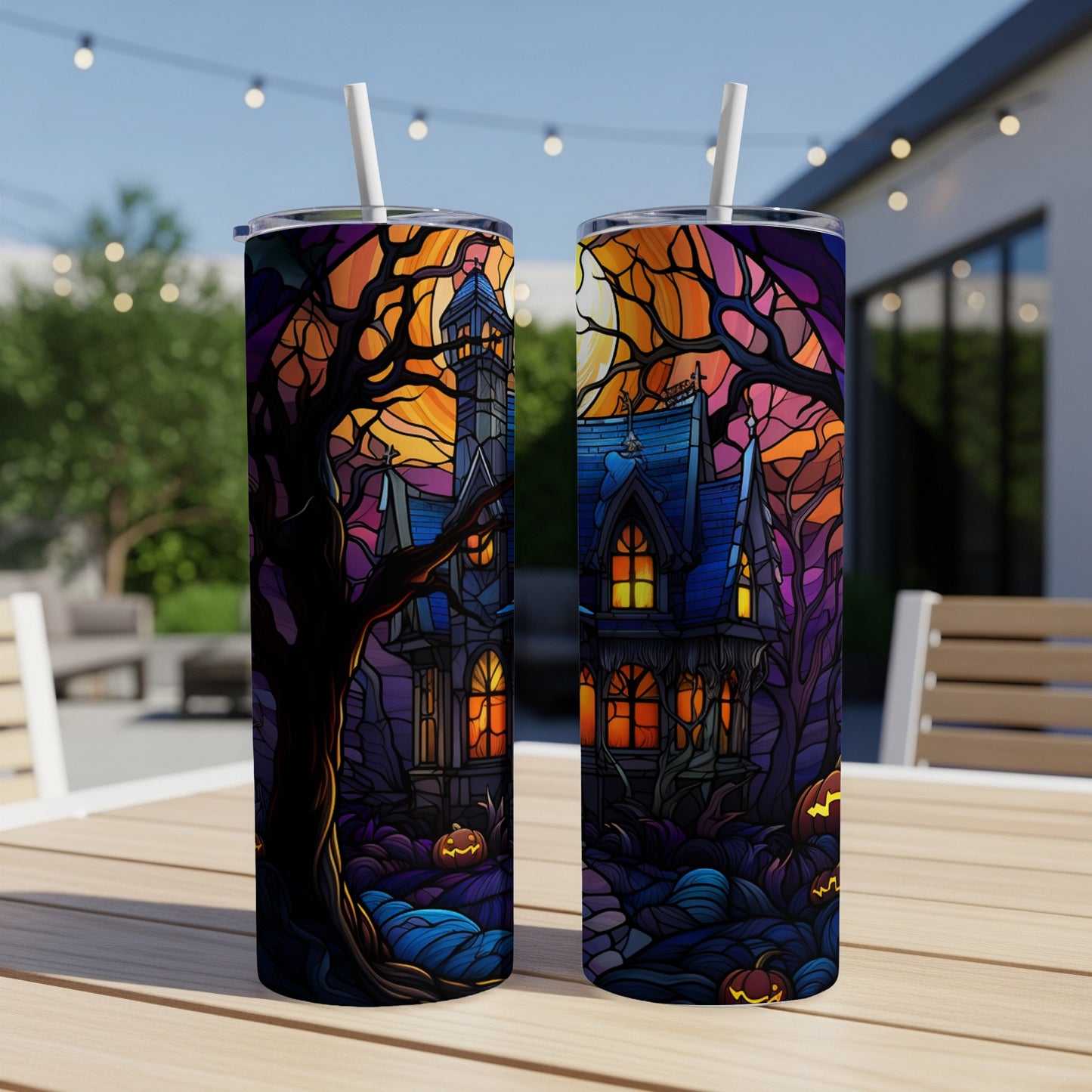 Two tumblers with a spooky haunted house illustration on a wooden table.