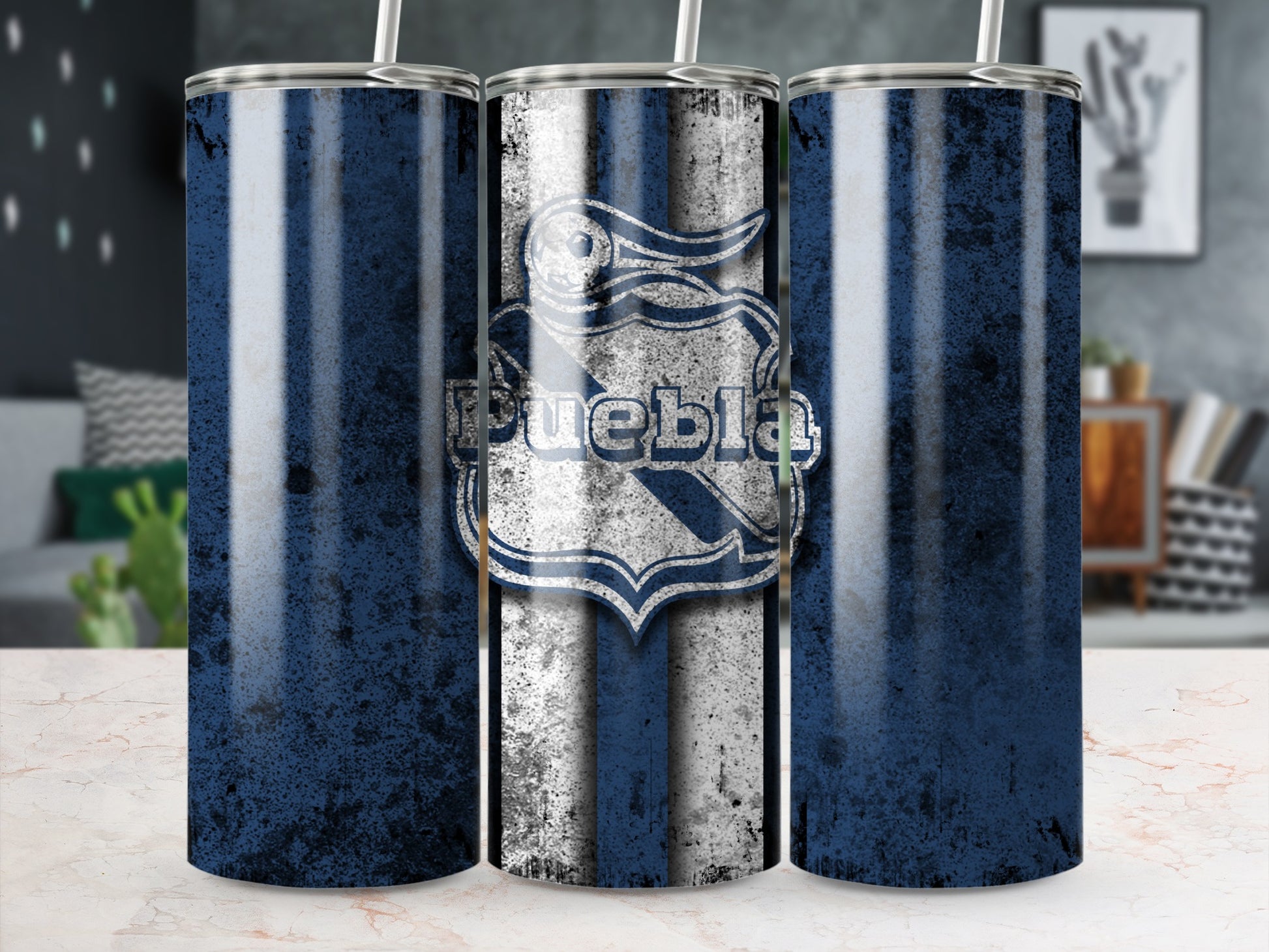 Distressed Blue and White Puebla Stainless Steel Tumbler