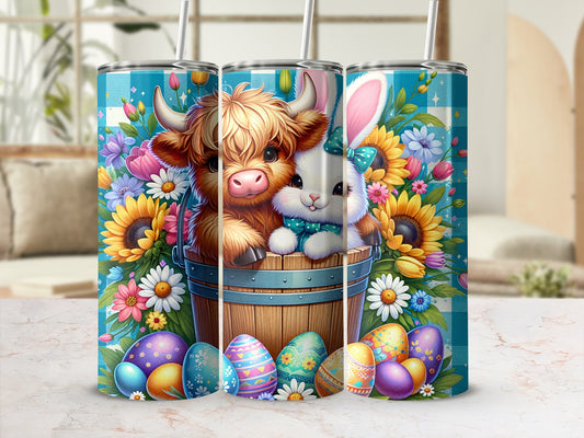Easter bunny and highland cow peeking from a bucket surrounded by flowers and eggs.