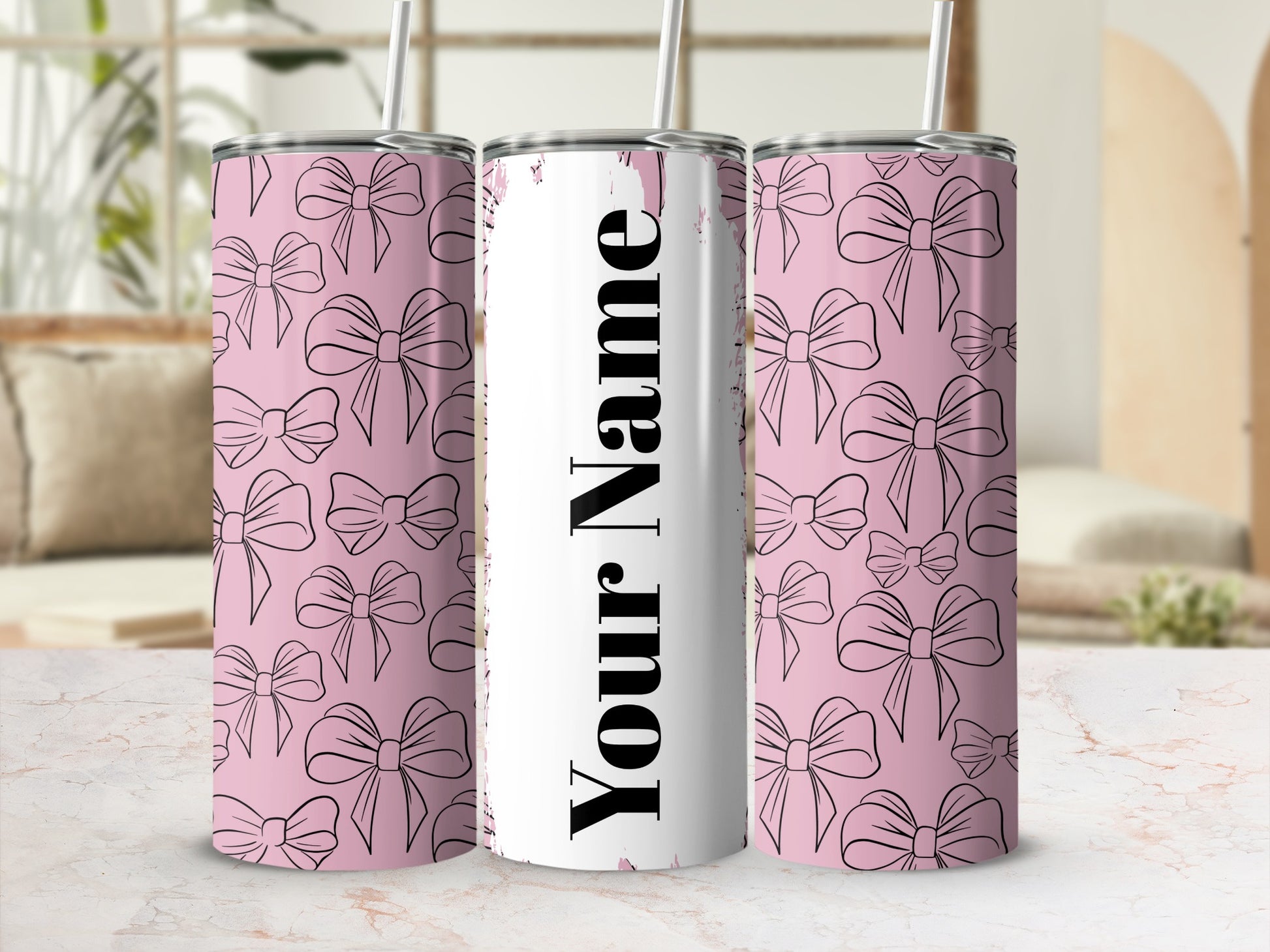 Customizable Pink Bow Pattern Tumbler Cup