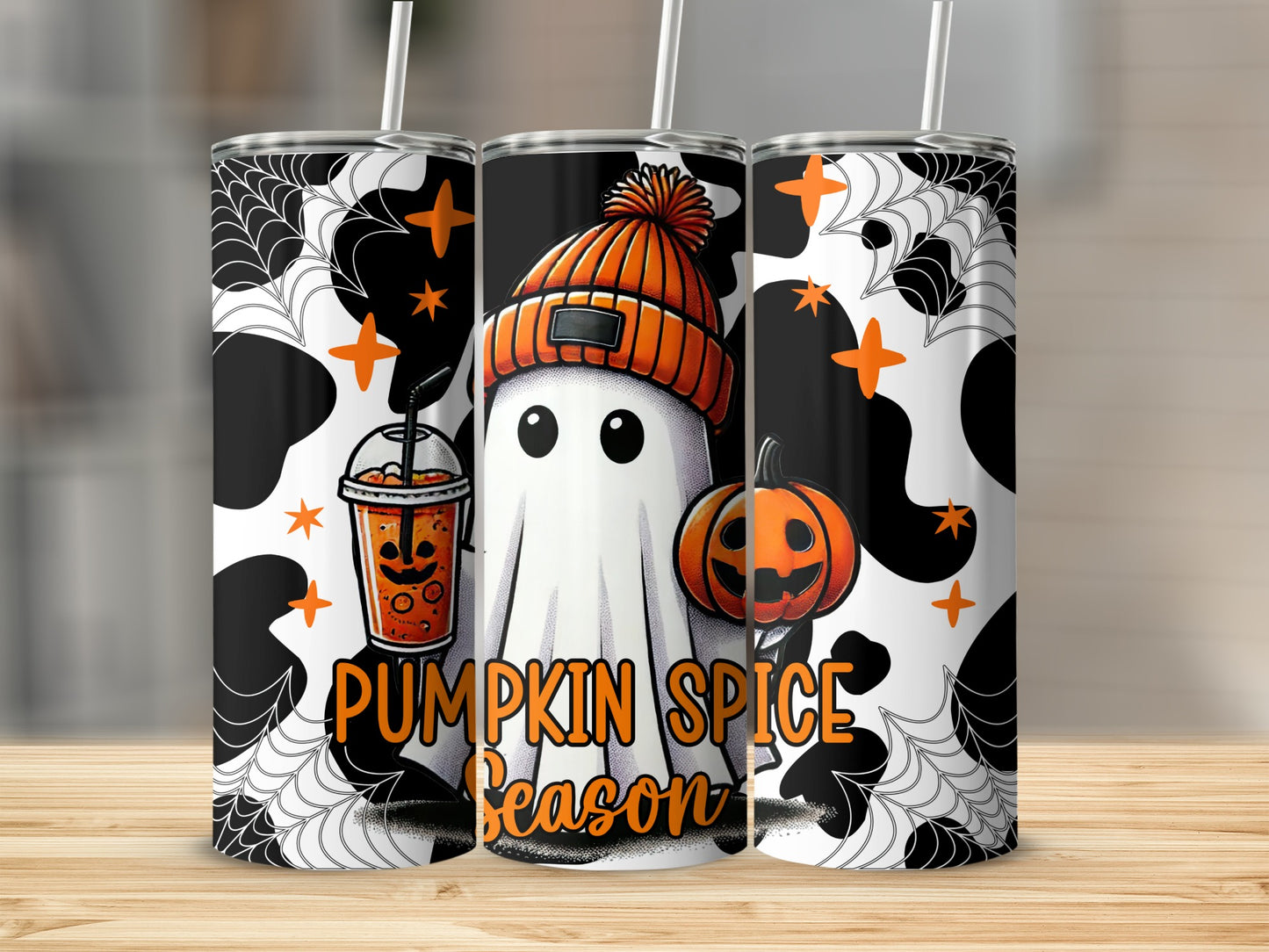 Three tumblers with a Halloween ghost, pumpkin, and drink design, reading "Pumpkin Spice Season".