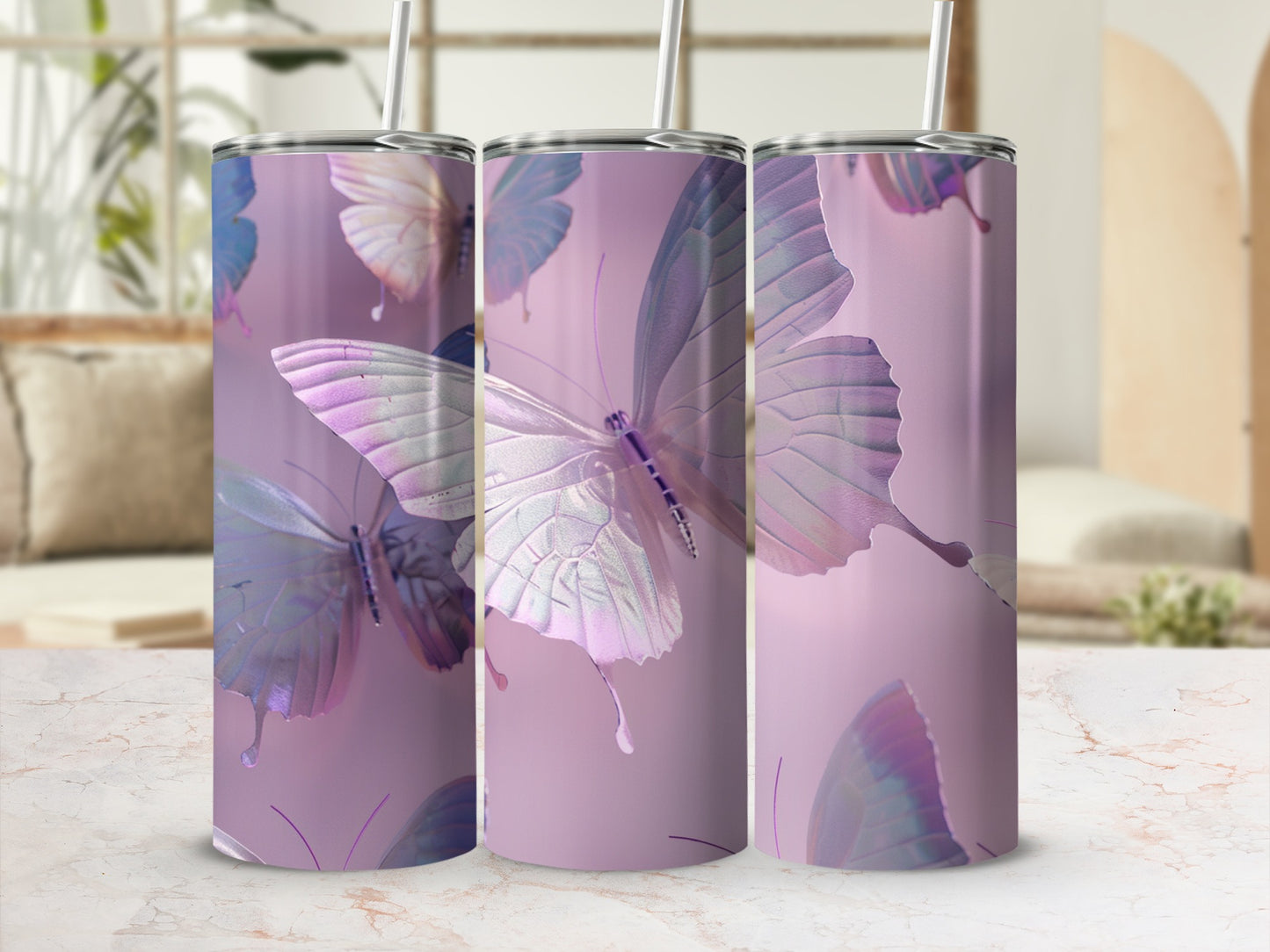 Purple iridescent butterflies on a pink background, wrapping around a tumbler.