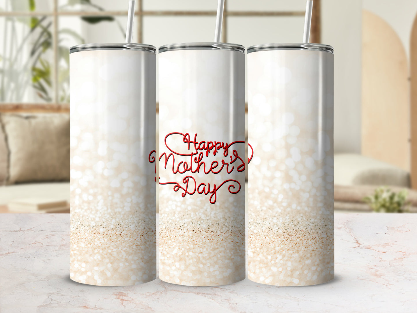 Three skinny tumblers with a glittery champagne and "Happy Mother's Day" design.