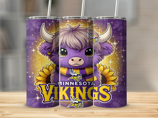 Purple Minnesota Vikings tumbler with a cartoon Highland cow and sunflowers.