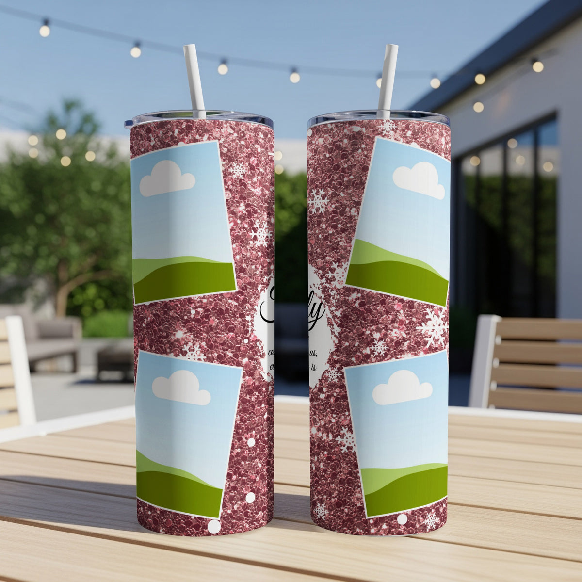 Two glittery tumblers with photo frames, clouds, and snowflakes.
