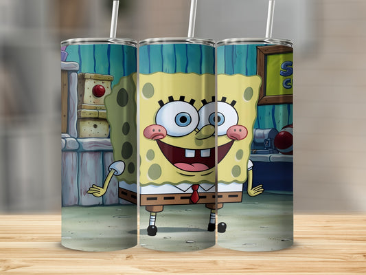 SpongeBob SquarePants character smiling on a blue and yellow striped background.
