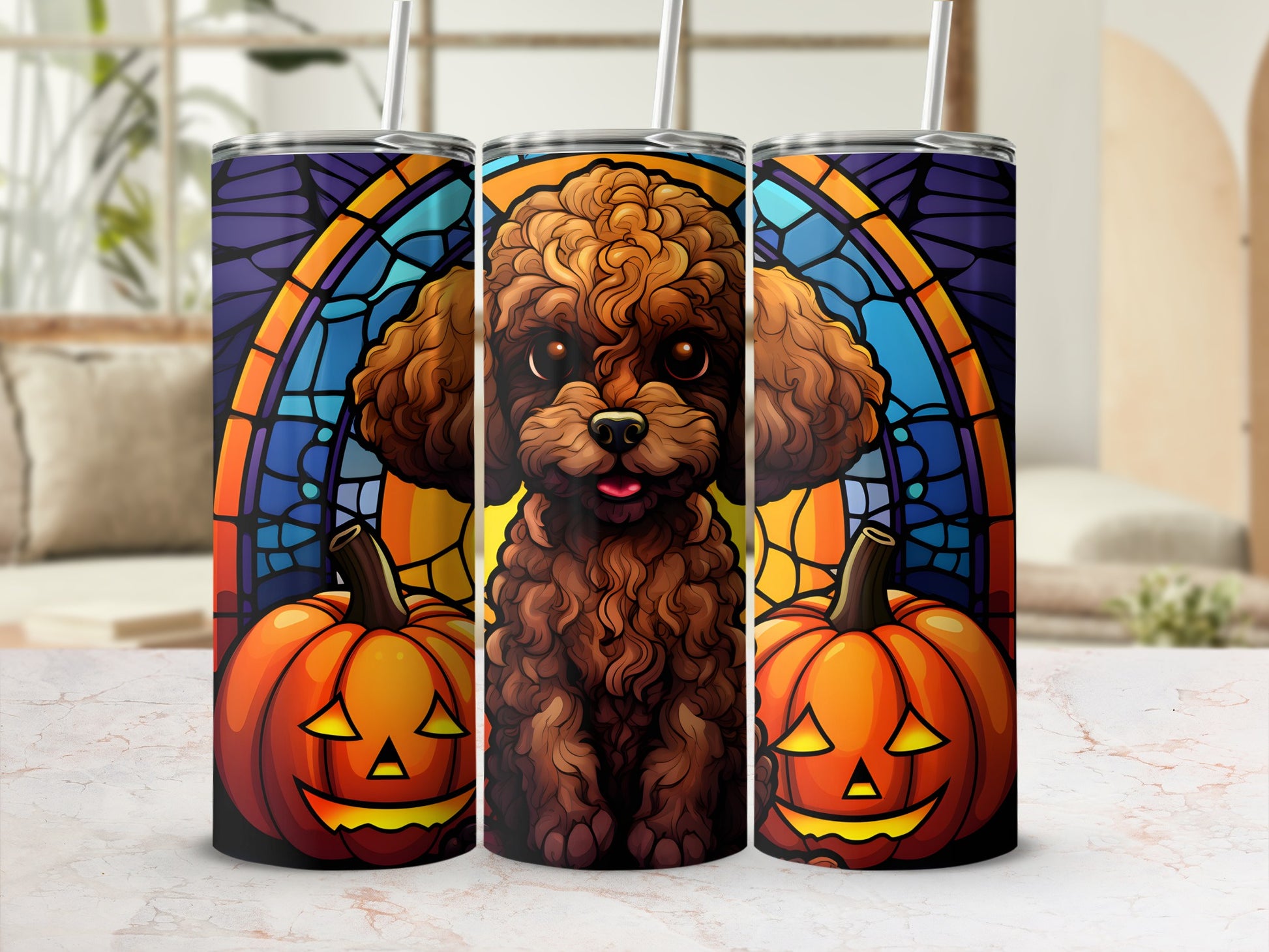 Three tumblers featuring a brown poodle and jack-o'-lanterns with stained glass background.