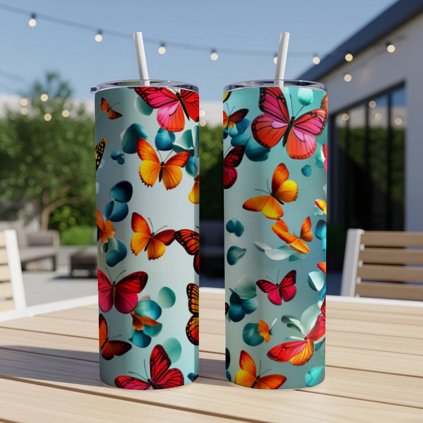 Two tumblers with colorful butterfly patterns on a table outdoors.