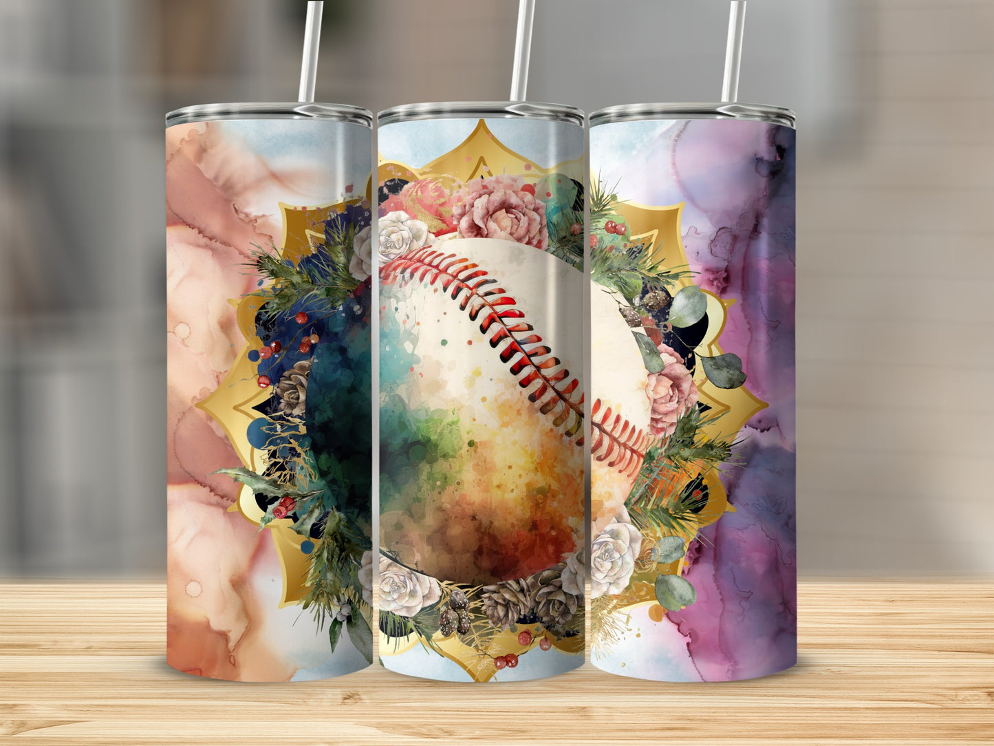 Floral Baseball Art Design Insulated Tumbler