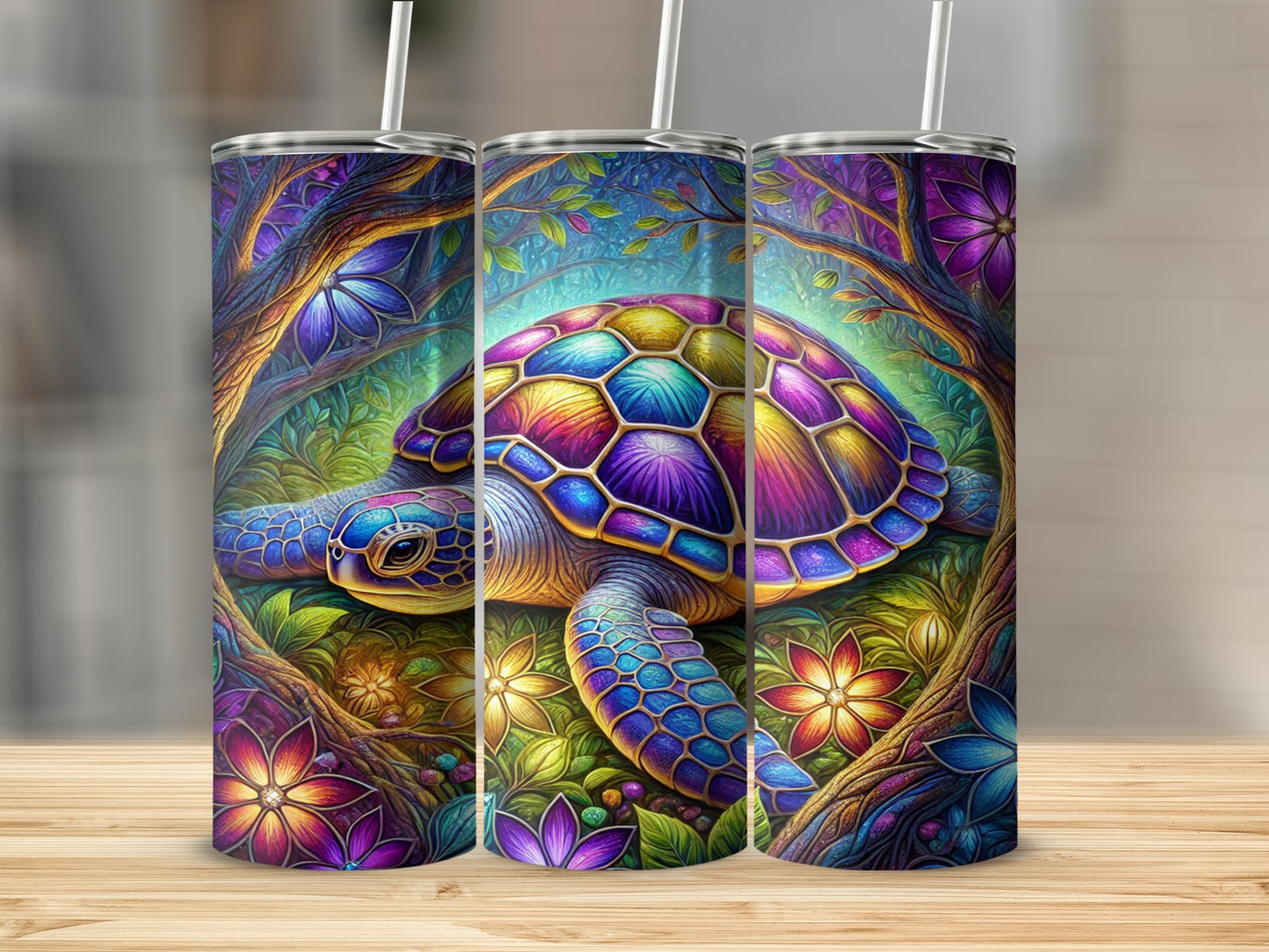 Colorful Turtle and Floral Design Tumbler