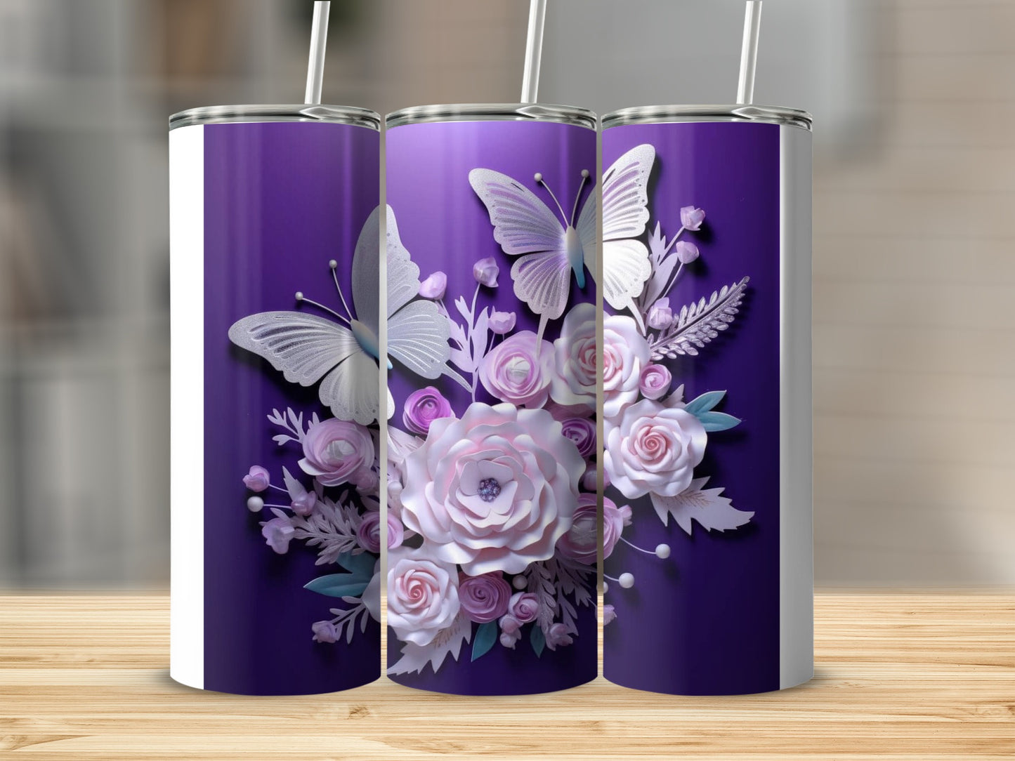 Purple background butterfly flower design tumbler product type