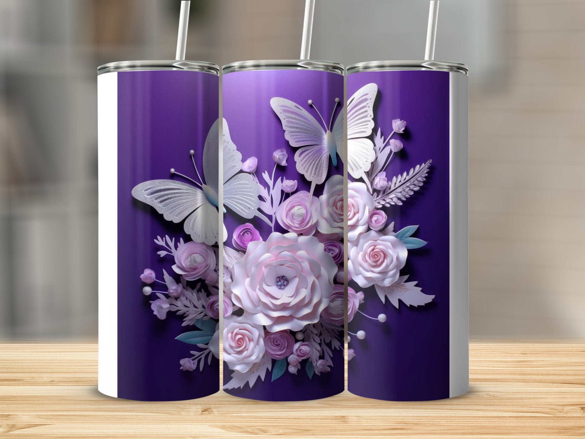 Purple background butterfly flower design tumbler product type