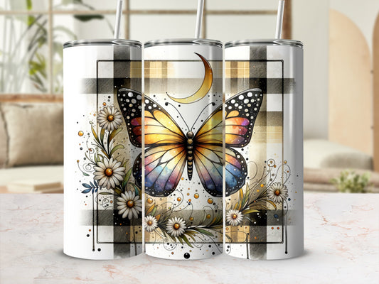 Triptych of tumblers with a large butterfly and floral design on plaid background.