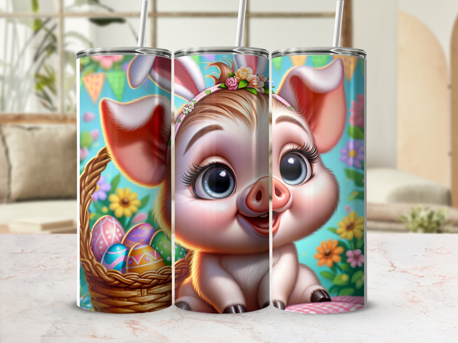 Cute cartoon pig with bunny ears and Easter eggs in a basket.