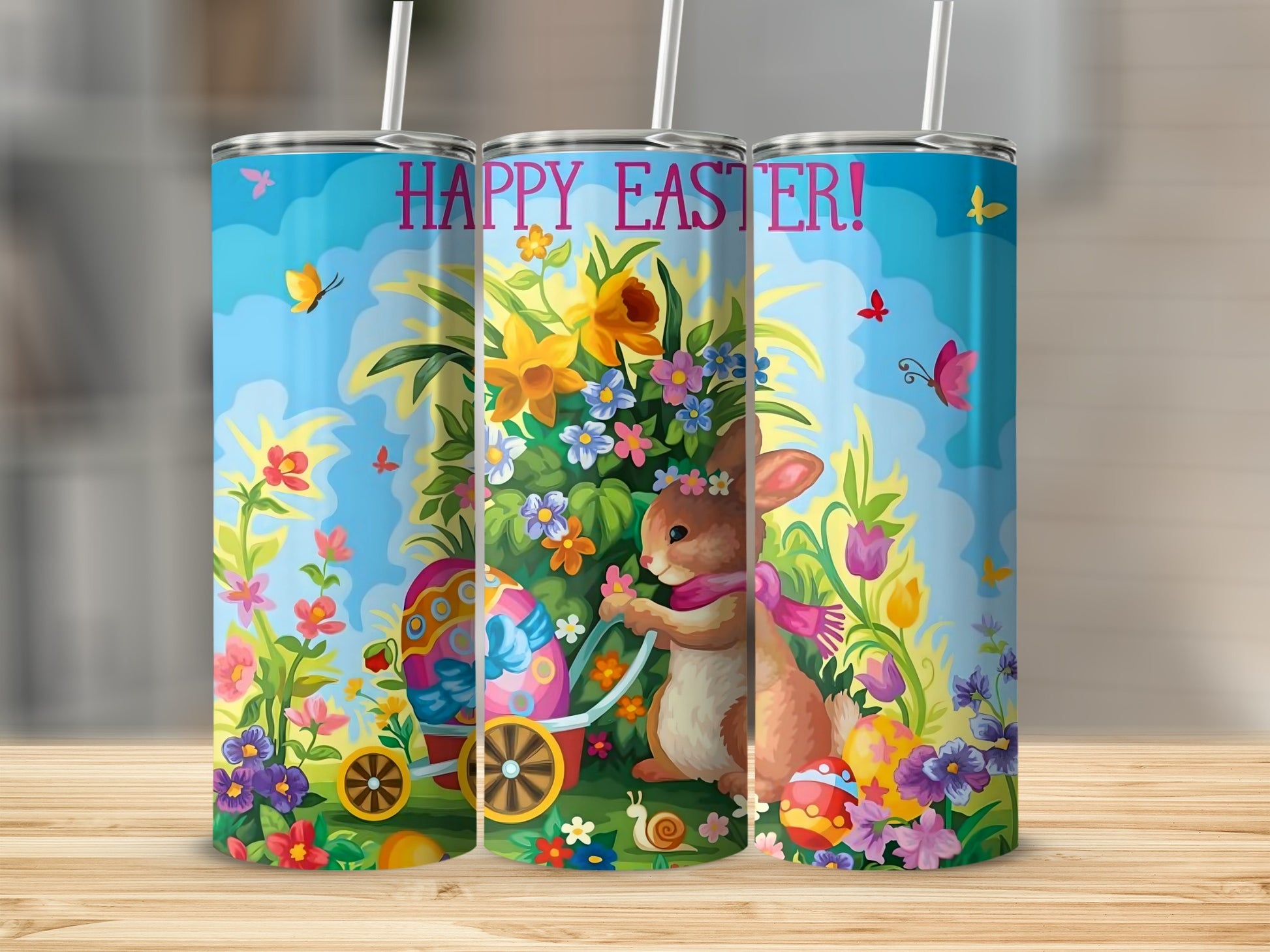 Happy Easter Bunny and Flowers Scene Tumbler