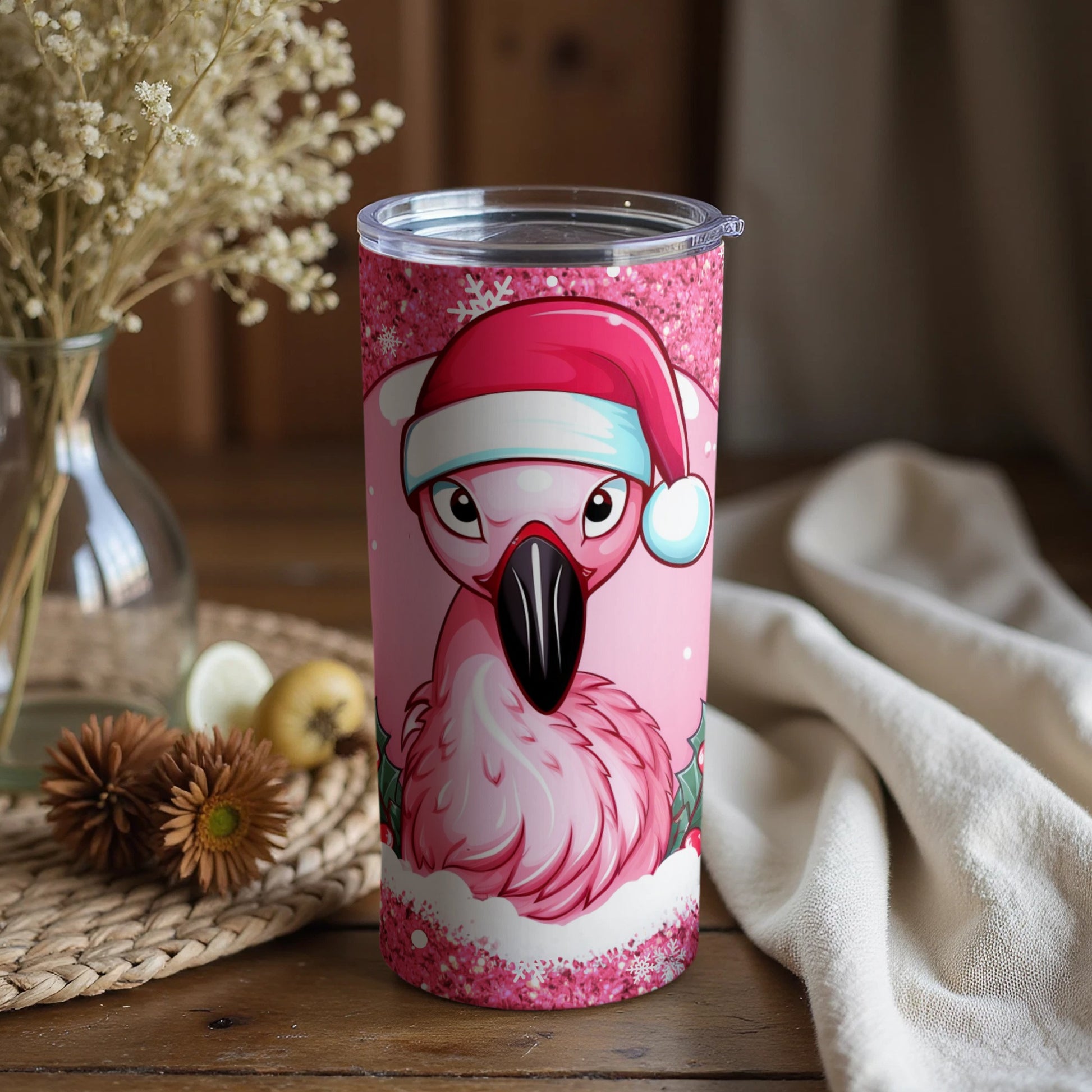 Adorable Flamingo Wearing Santa Hat Tumbler Cup