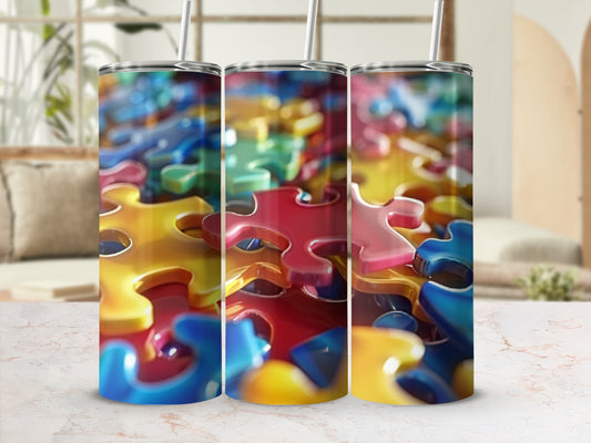 Three colorful puzzle pieces with straws on a marble surface.