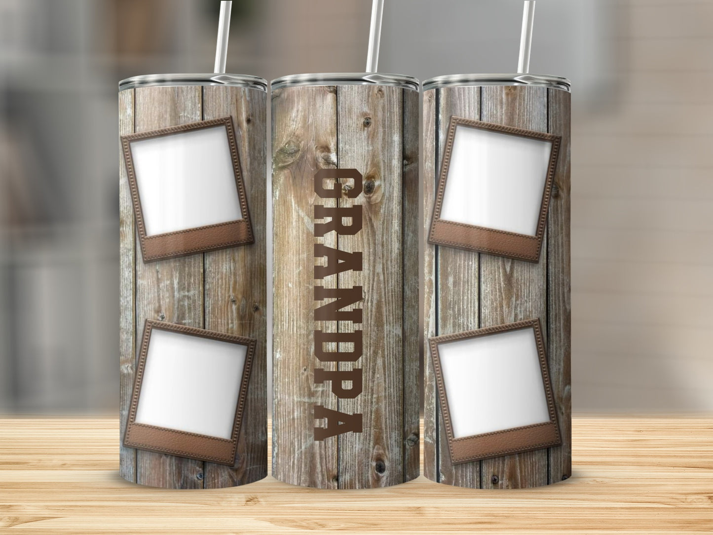 Rustic wood tumbler with four photo frames and the word GRANDPA.