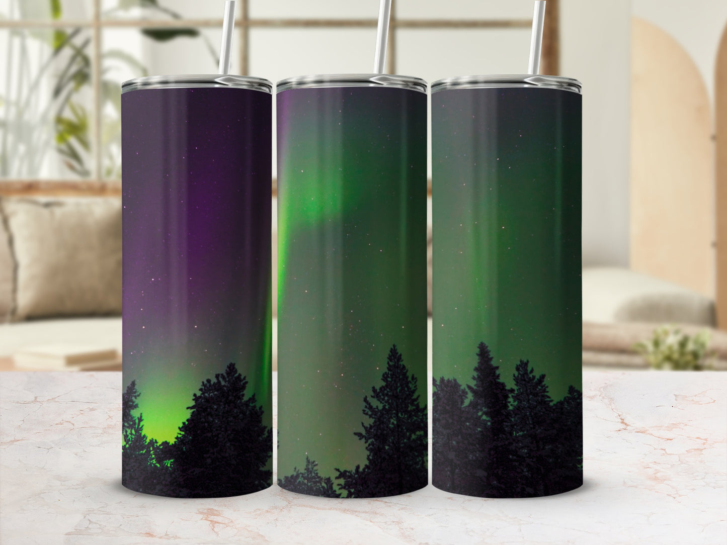 Northern Lights Tumbler with Tree Silhouette Design