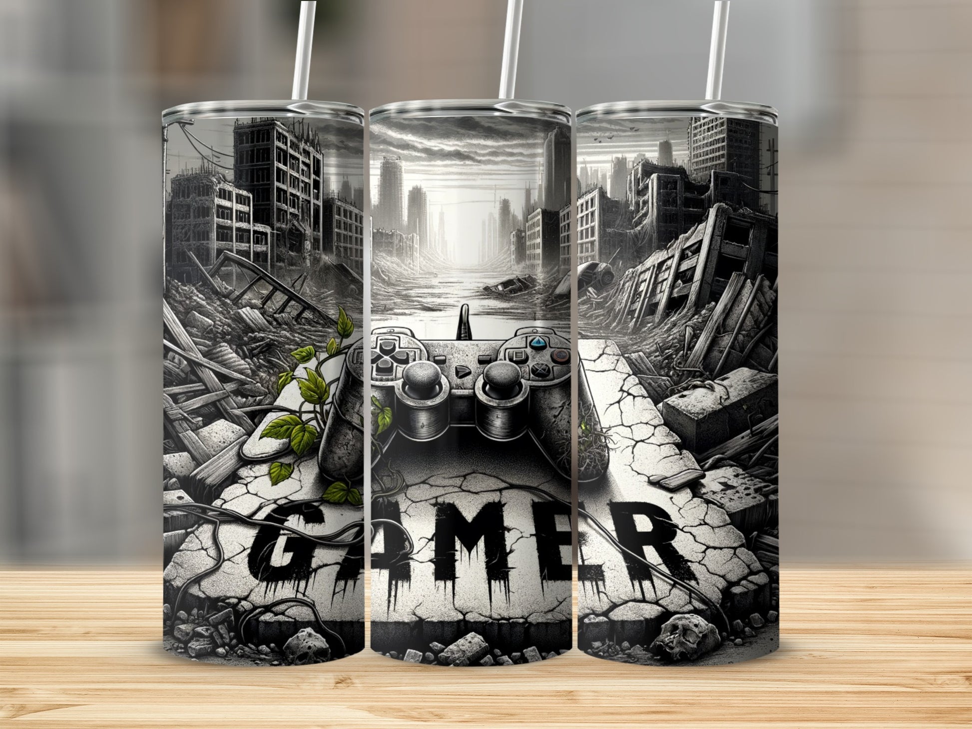 Post-apocalyptic city scene with video game controller and "GAMER" text.