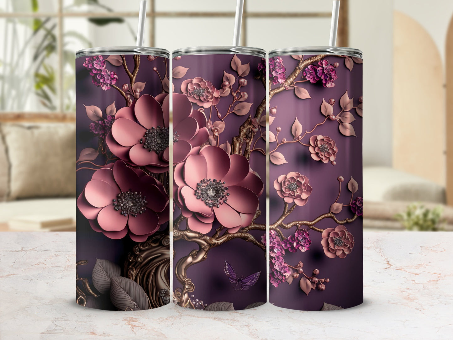 Elegant Floral Design with Butterflies Tumbler