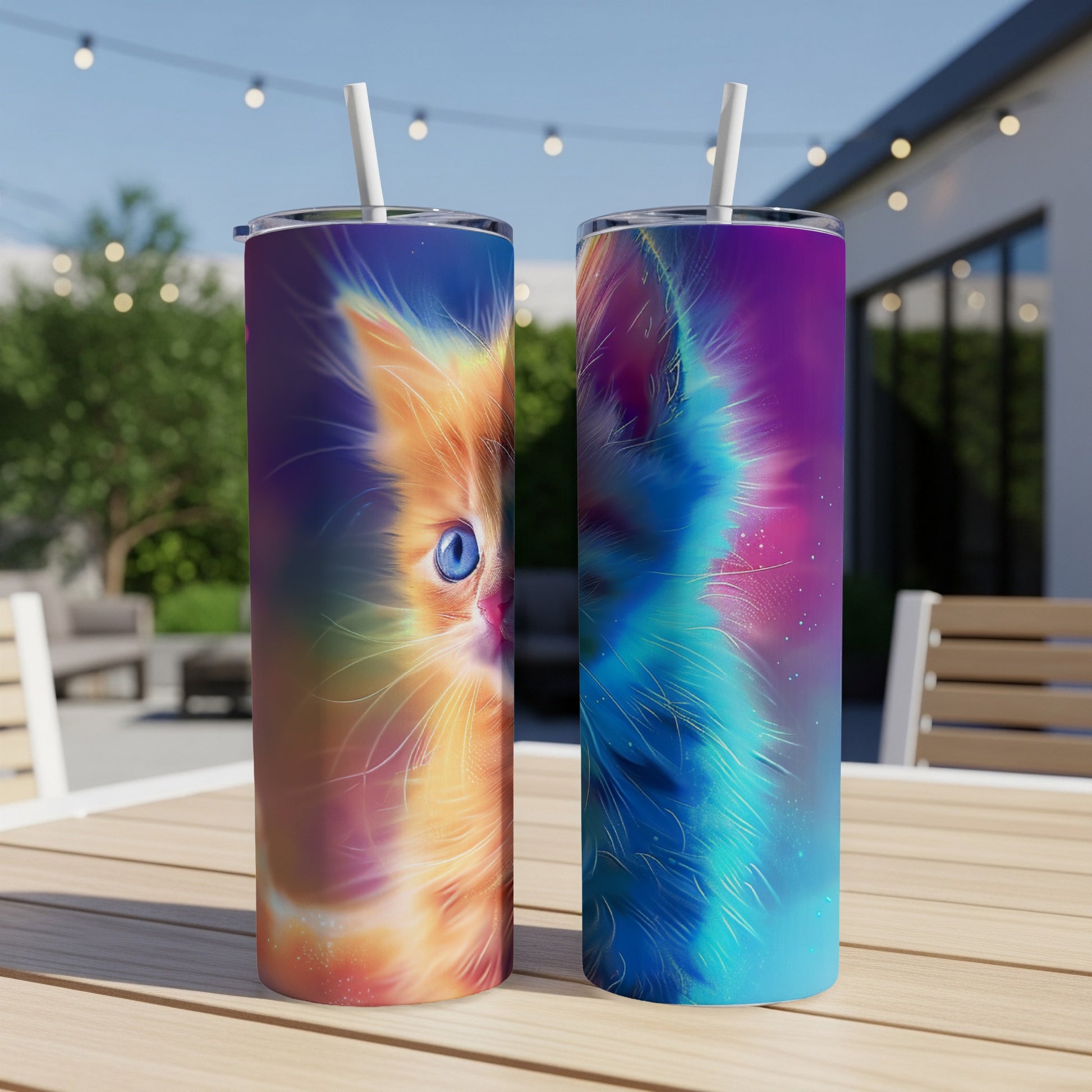 Two colorful tumblers featuring close-ups of a cat's face.