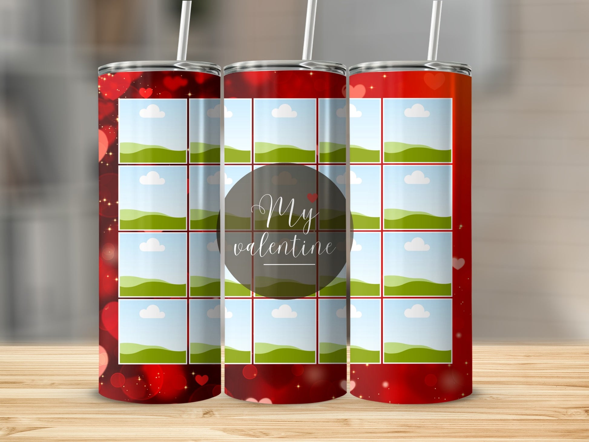Red tumbler with heart design and grid for photos, "My Valentine" text.