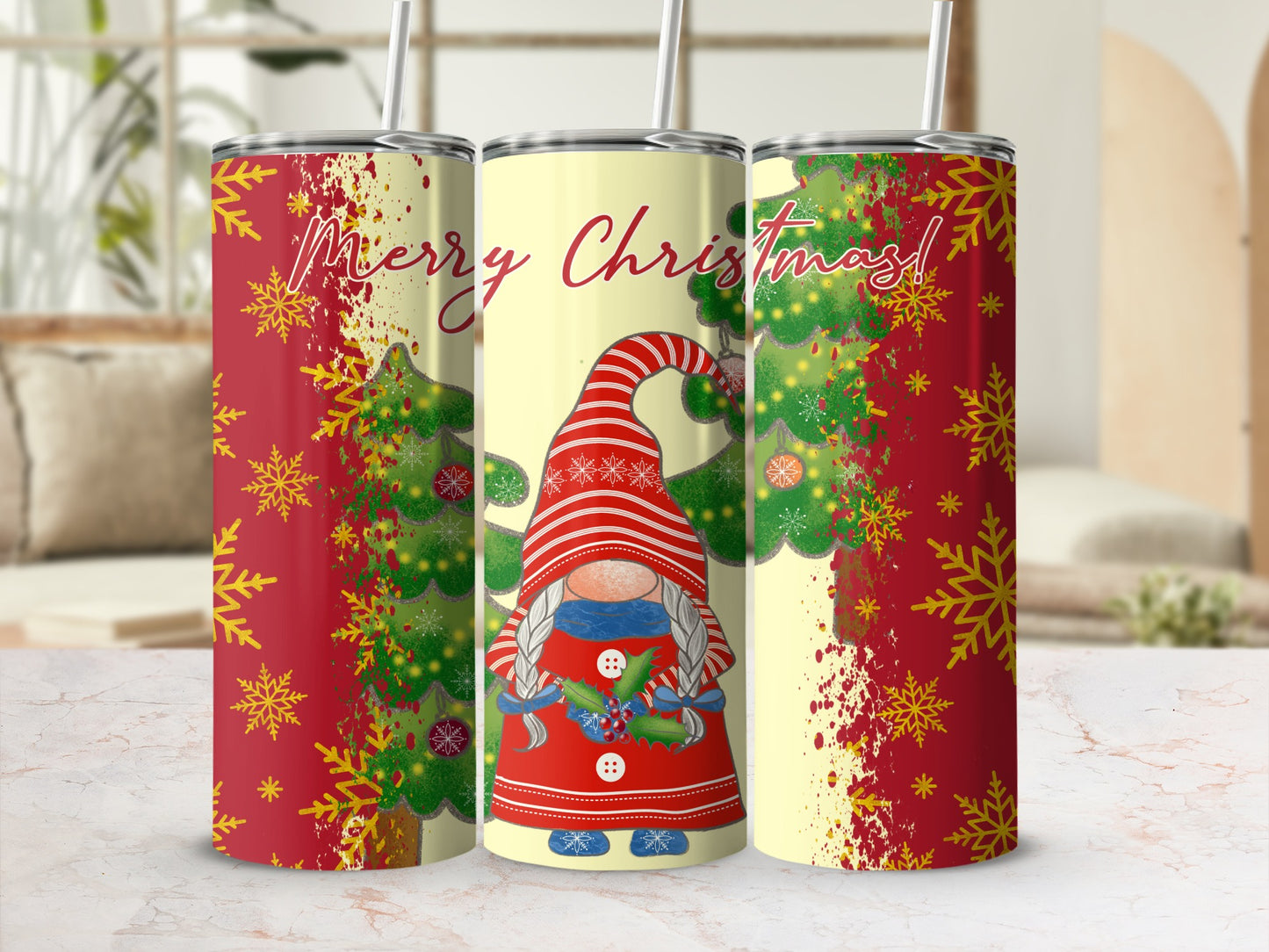Christmas gnome and trees on tumbler with festive red and yellow design.