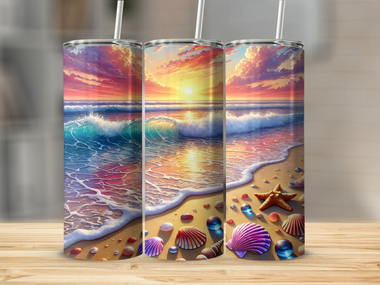 Sunset beach scene with waves, seashells, and starfish on a wooden surface.