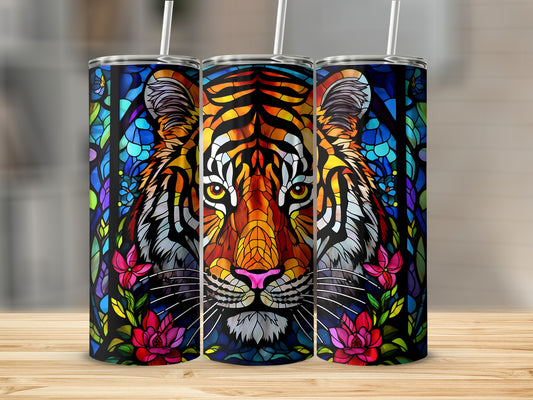 Tiger stained glass design on a three tumbler mockup.