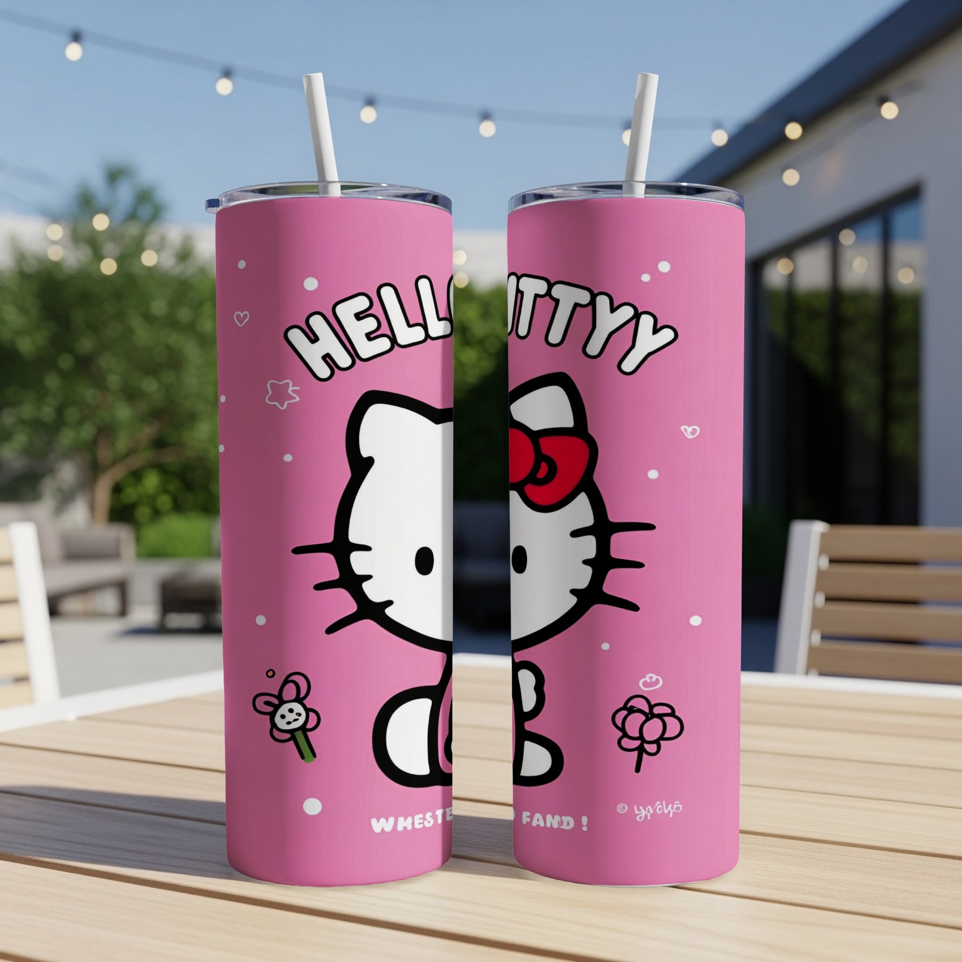 Pink tumbler with Hello Kitty, flower, and text "HELLOTTYY" and "WHETHER YOU'RE".