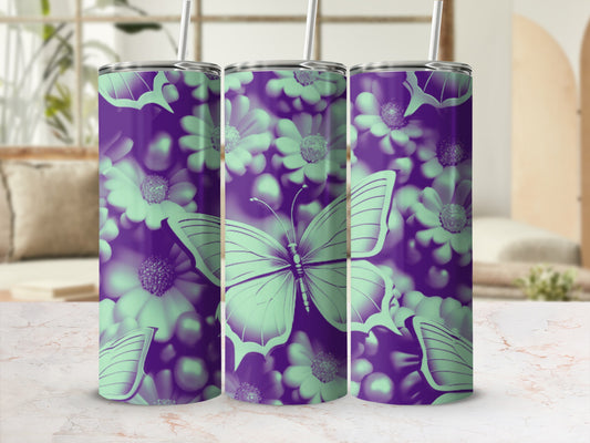 Purple and green floral and butterfly pattern on three tumblers.