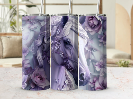 Purple horse with flowers, printed on three tumblers.