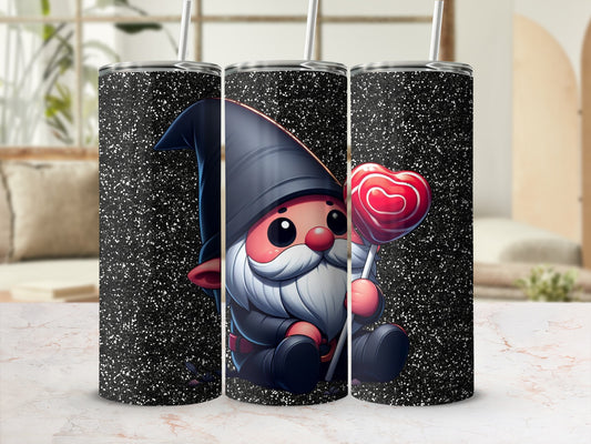 Adorable Gnome with Heart Lollipop Glitter Tumbler