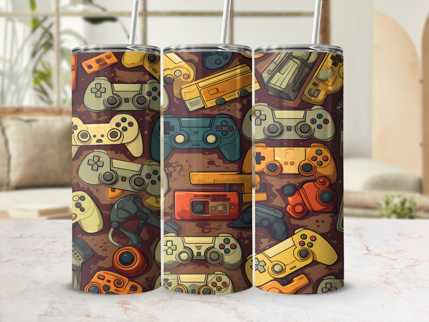 Triptych of tumblers with retro video game controller and cassette tape pattern.