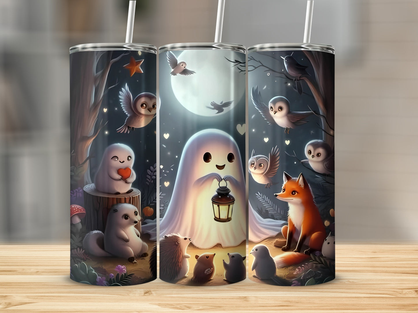 Tumbler with cute ghost, fox, owls, and forest animals under a full moon.