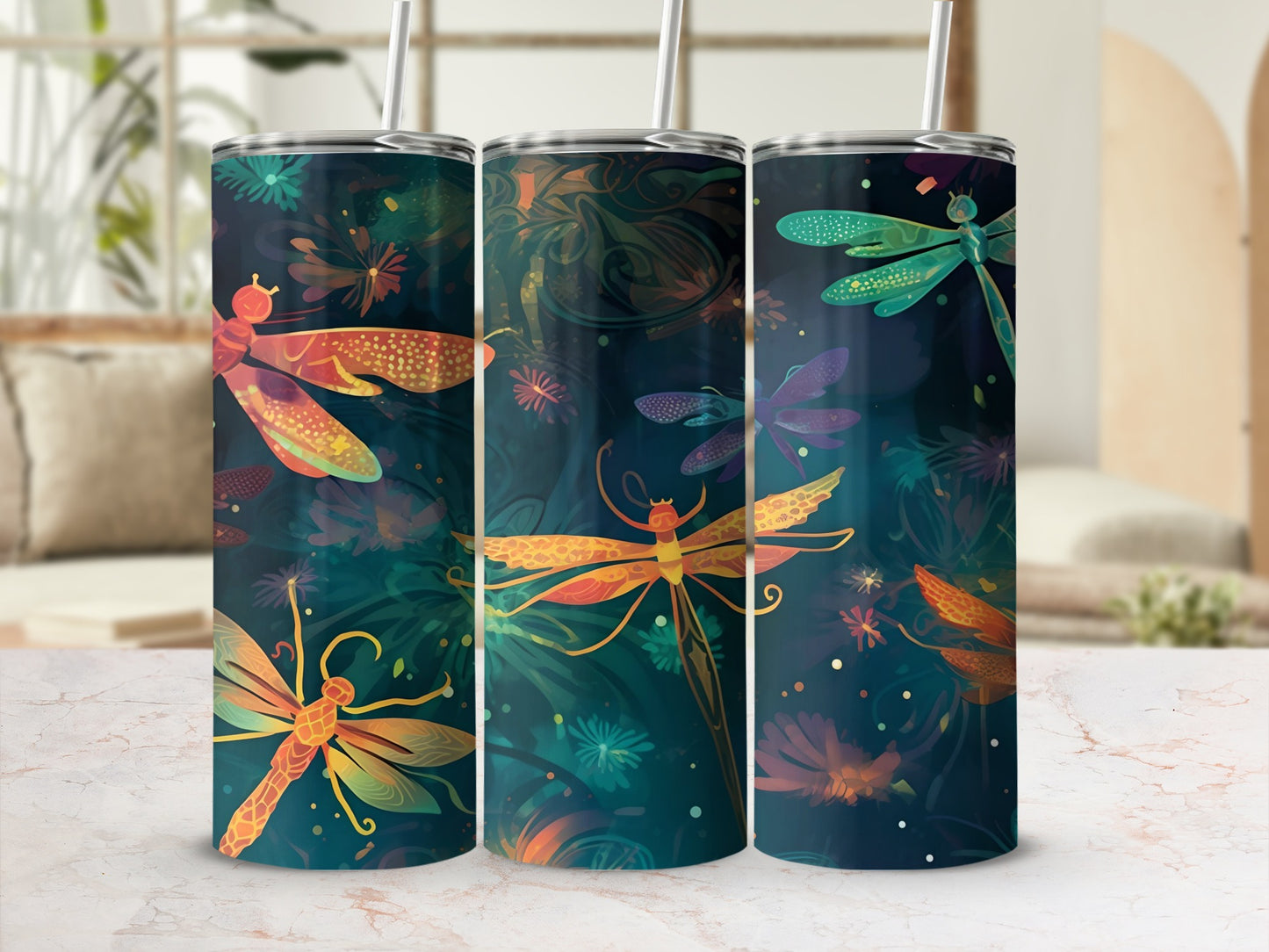 Colorful Dragonfly Pattern Tall Tumblers Set of Three