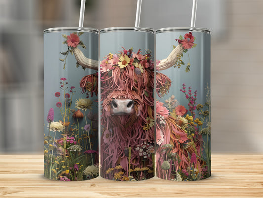 Highland cow with floral crown and body on a floral patterned tumbler.