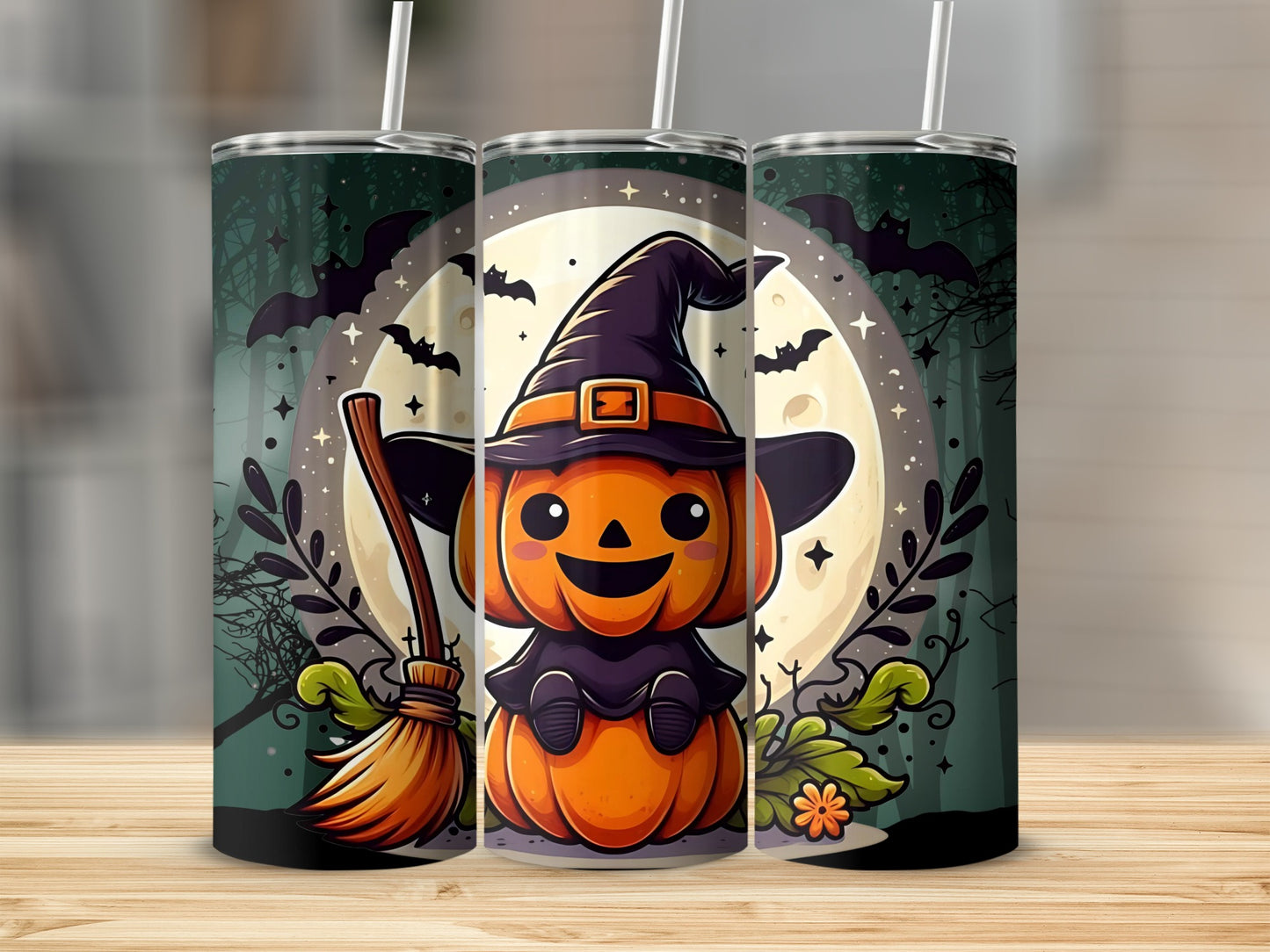 Halloween Witch Pumpkin Tumbler with Bats Design