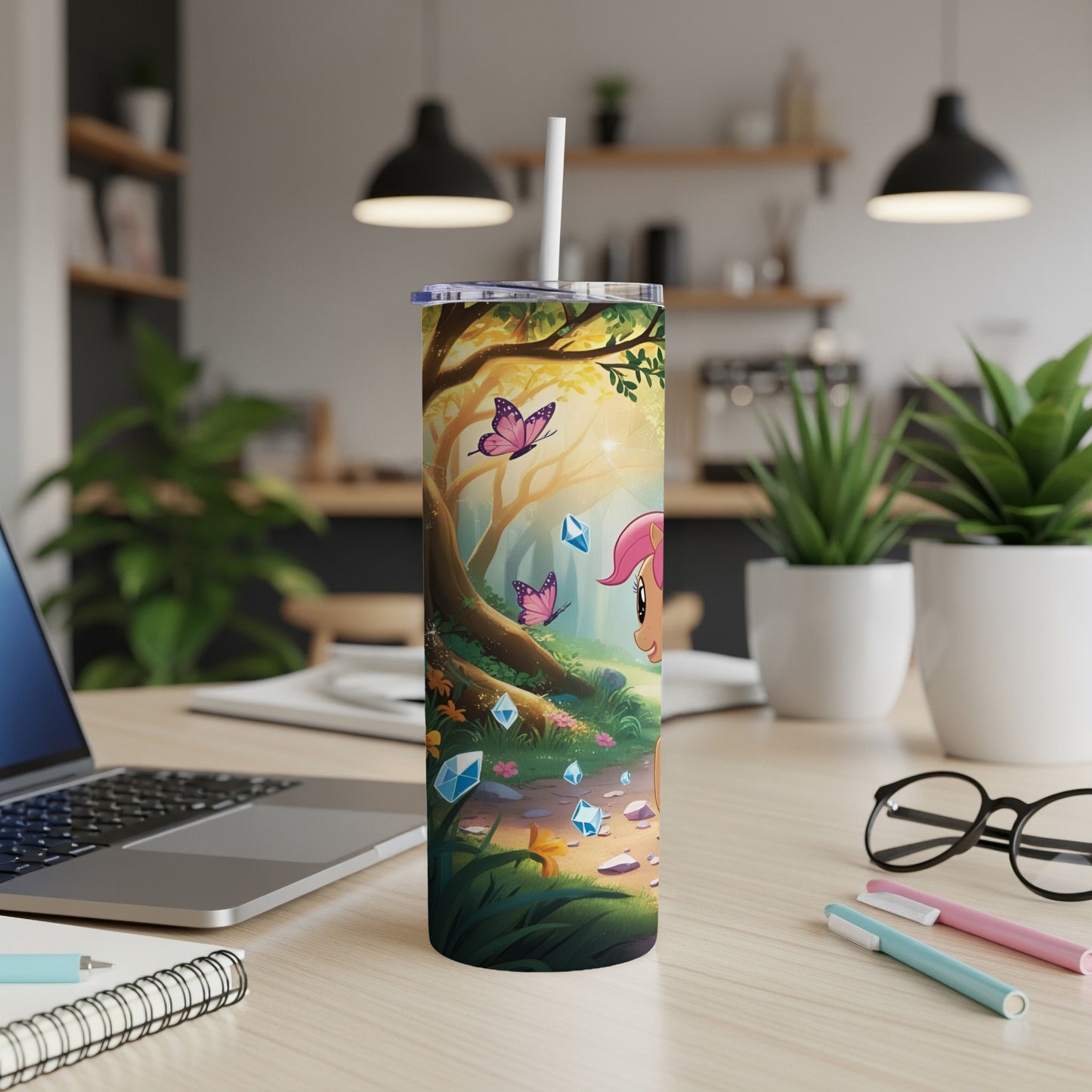 Pink pony with butterflies and crystals in a forest scene on a tumbler.