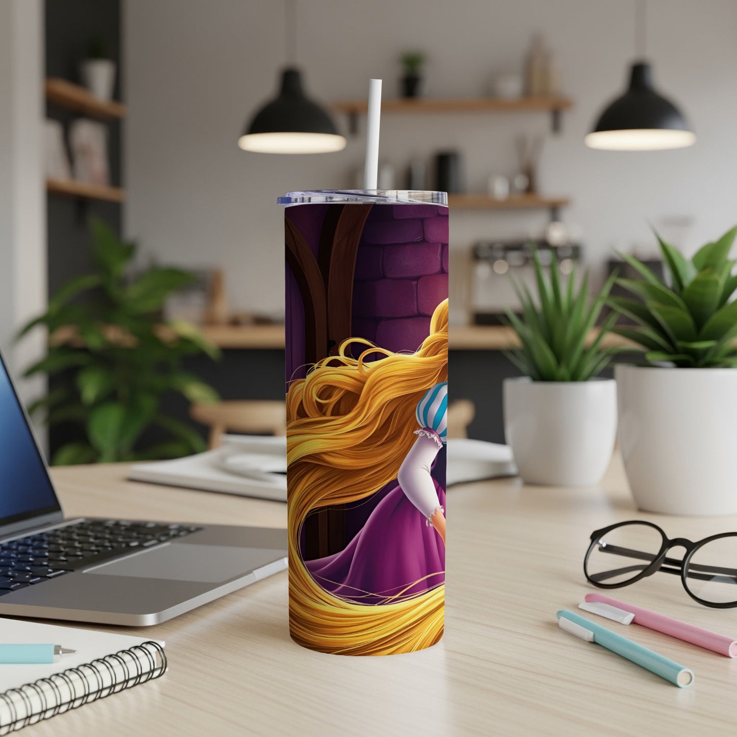 Rapunzel with long blonde hair on a purple tumbler with a straw.
