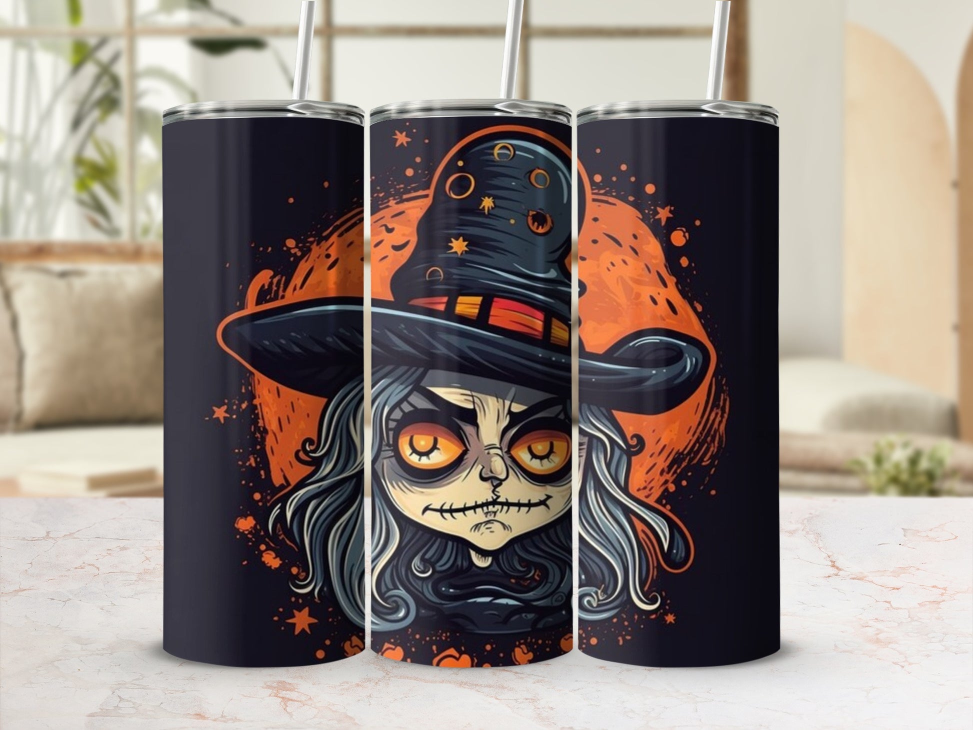 Gothic Witch Halloween Tumbler with Orange Moon Design