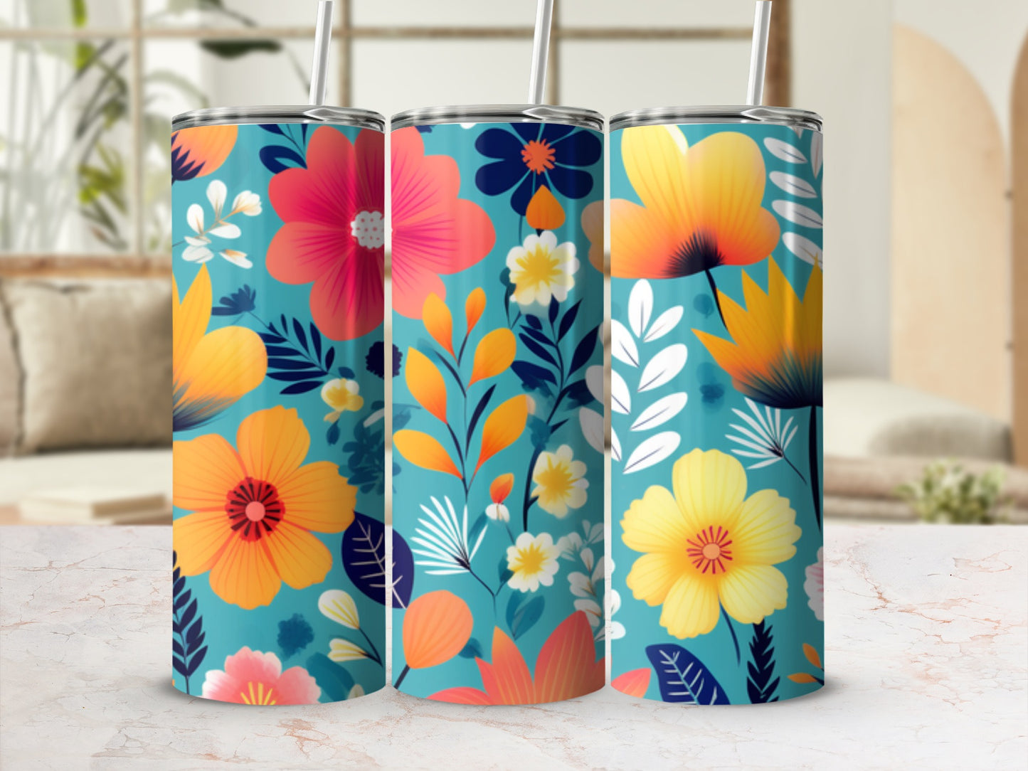 Teal tumbler with colorful floral pattern and white background.