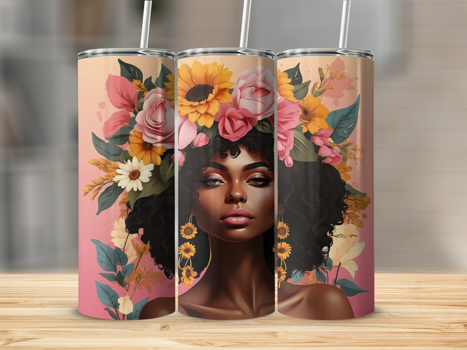 Woman with floral headdress on a pink gradient background, three tumblers.