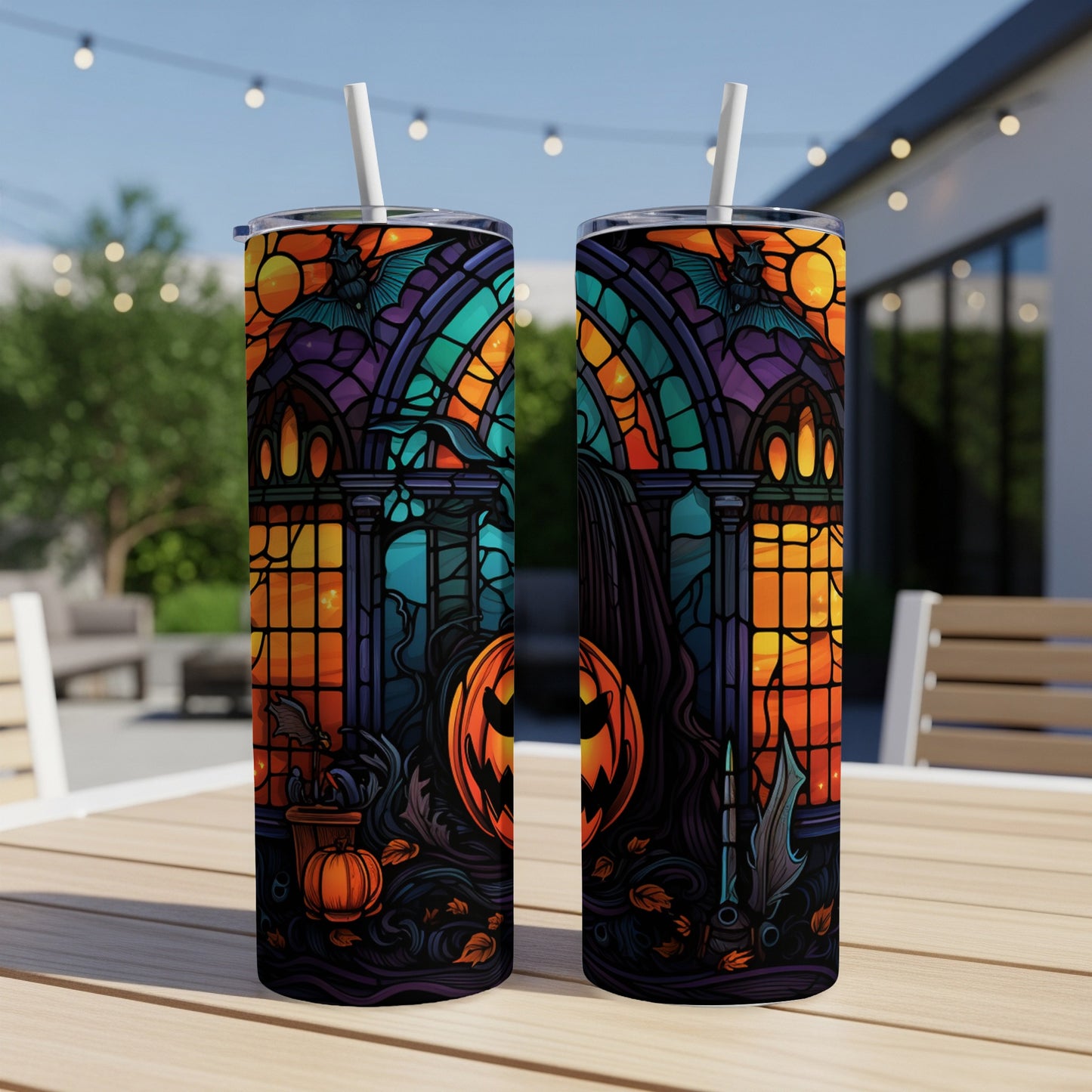 Halloween tumbler with stained glass, pumpkin, bats, and fall leaves.