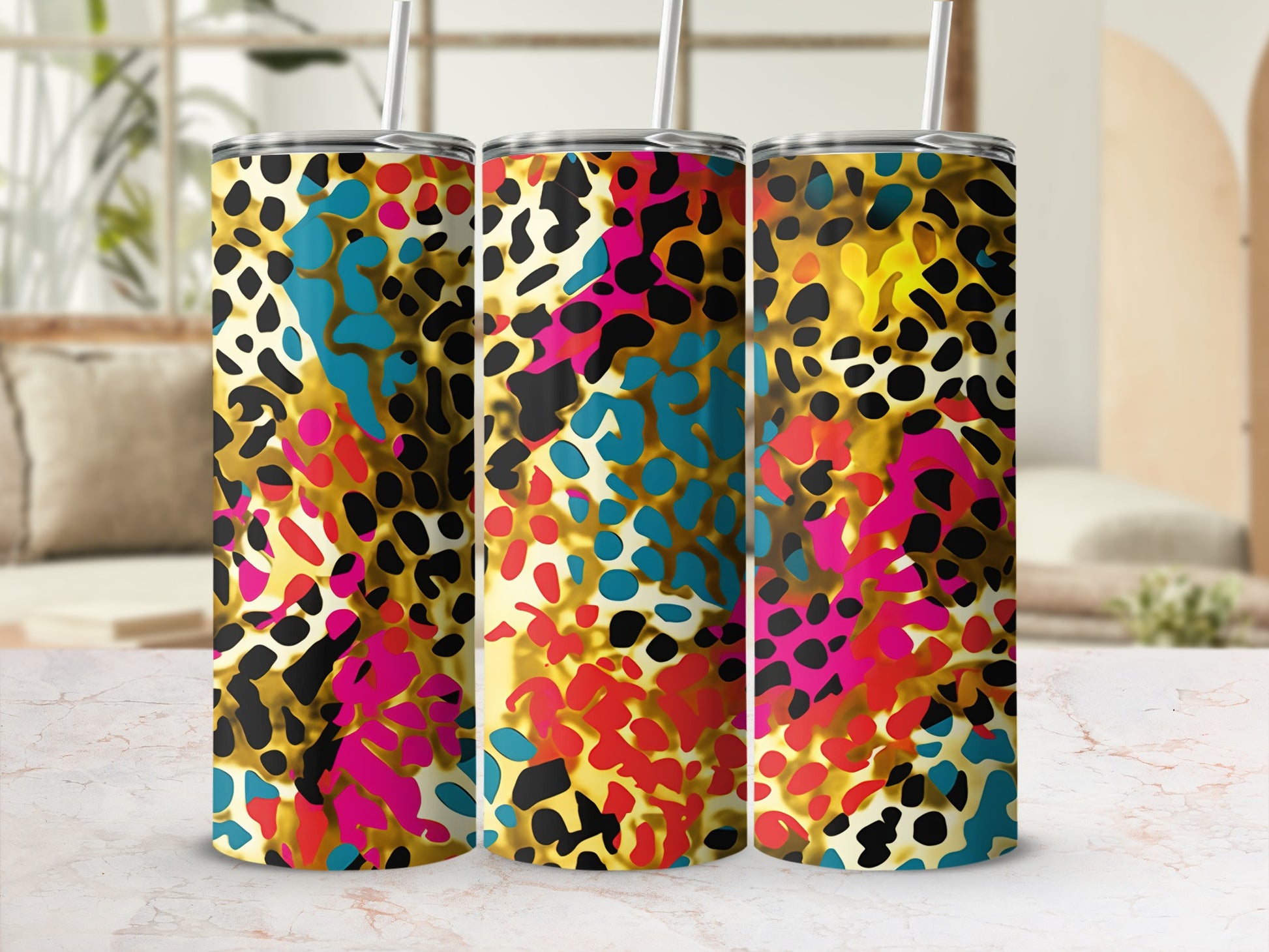 Leopard print tumbler with pink, blue, and yellow accents.