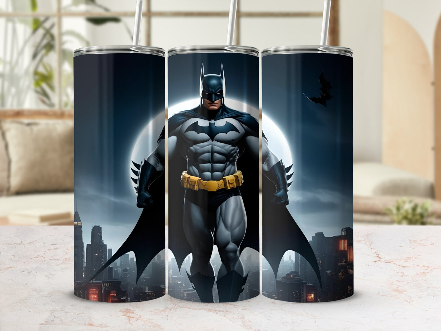 Batman standing against a full moon and city skyline.