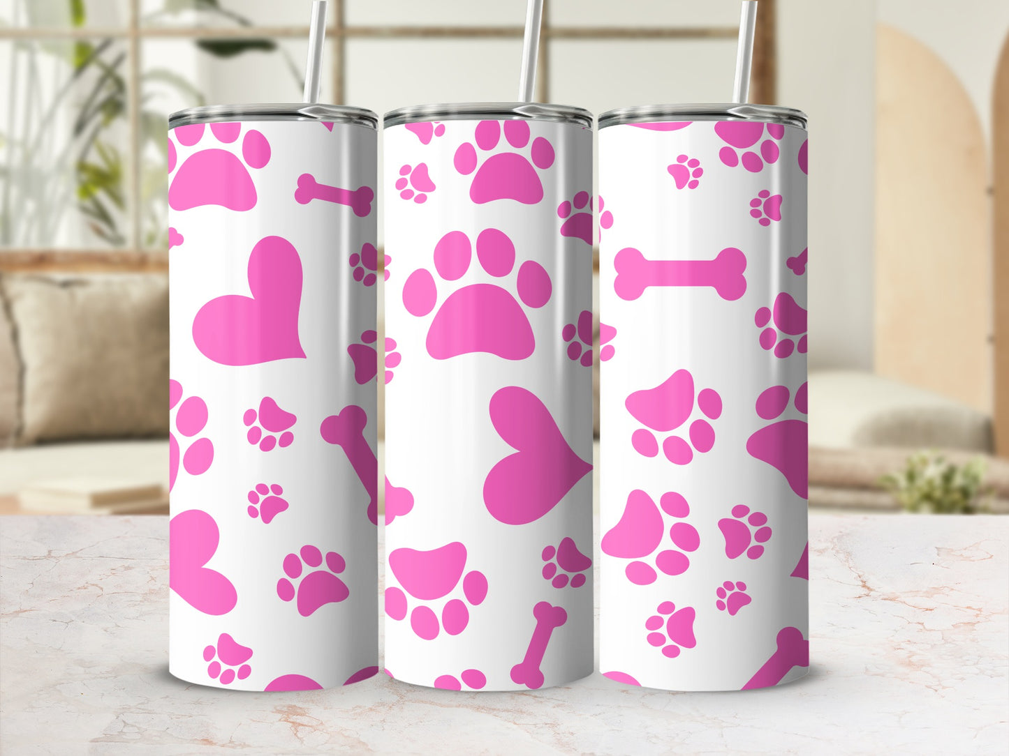 Pink Paw Prints Hearts and Bones Design Tumbler
